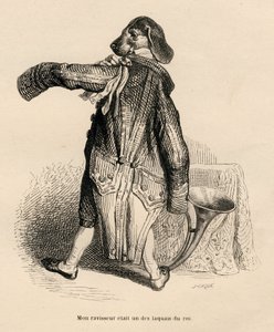 Hund in der Rolle eines königlichen Dieners. Gravur signiert Caque in "Histoire d