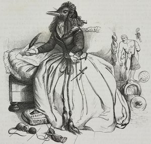 Gelehrte Frau, Karikatur von Jean-Jacques Grandville, Lithographie von Giovanni Mariani aus Poliorama Pittoresco, Nr. 18, 11. Dezember