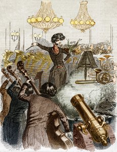 Ein Konzert hat ein Maschinengewehr. Karikatur von Hector Berlioz, der ein Orchester dirigiert. In „Jerome Paturot auf der Suche nach einer sozialen Position“ illustriert von Grandville.