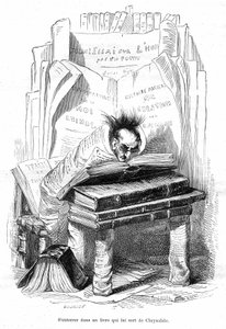 Karikatur: Chrysalid eines Gelehrten, der in den Büchern einer Bibliothek begraben ist - Grandville-Gravur, aus dem Buch Privat- und öffentliches Leben der Tiere, Hetzel-Ausgabe 1867 von Grandville (1803 47)