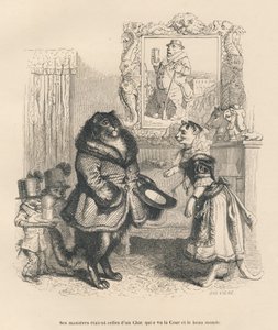 Katze des Hofes grüßt eine junge Katze. Vignetten illustriert von JJ Granville. Gravur signiert Breviere in der Partie "Peines de cour d