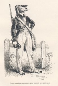 Hund in Jagdkleidung. Vignetten illustriert von JJ Granville. Gravur signiert Caque im Teil "Erinnerungen einer alten Krähe" geschrieben von PJ Stahl in "Szenen aus dem privaten und öffentlichen Leben der Tiere". Paris, J. Hetzel und Paulin von Grandville