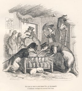Sobald ich meinen Fuß auf die Insel setzte, wurde ich von seltsamen Tieren im Dienst des Staates angegriffen. Vignetten illustriert von JJ Granville. Gravur signiert Porret im Teil "Reise eines Spatzen aus Paris" geschrieben von George Sand in "Szenen aus 