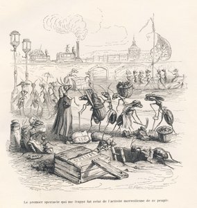 Ameisen in voller Aktivität an den Ufern der Seine. Vignetten illustriert von JJ Granville. Gravur signiert von Porret im Teil "Reise eines Spatzen aus Paris" geschrieben von George Sand in "Szenen aus dem privaten und öffentlichen Leben der Tiere". Paris,