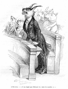Grandville-Gravur, aus dem Buch Privat- und öffentliches Leben der Tiere, Hetzel-Ausgabe 1867 - Karikatur einer menschlichen politischen Versammlung