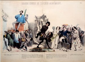 Großes Rennen zum akademischen Glockenturm. Die Schriftsteller Alfred de Vigny (1797-1863), Eugene Sue (1804-1857), Alexandre Dumas (1802-1870) und Honore de Balzac (1799-1850) sind erkennbar. Gravur von Gerard Grandville (1803-1847)
