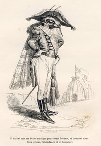 Er hatte nur seine schönen Farben als Reichtum und plante, im Luxus, Überfluss und Ehren zu leben. Vignetten illustriert von JJ Granville. Gravur signiert Andrew, Best und Leloir in dem Teil "Reise eines Spatzen aus Paris" geschrieben von Charles Nodier von Grandville