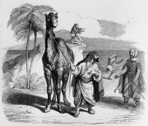 La Fontaines Fabel (von Jean de La Fontaine): das Kamel und die schwimmenden Stöcke, Stich von J.J. Grandville, ca. 1838-40