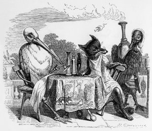 La Fontaines Fabel (von Jean de La Fontaine): Der Fuchs und der Storch, Stich von J.J. Grandville, ca. 1838-40