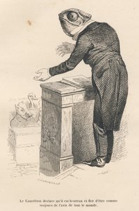 Das Chamäleon erklärt, dass es glücklich und stolz ist, immer der Meinung aller zu sein. Vignetten illustriert von JJ Granville. Gravur signiert von Caque im Prolog "Parlamentarische Zusammenfassung" geschrieben von PJ Stahl in "Szenen aus dem privaten und von Grandville