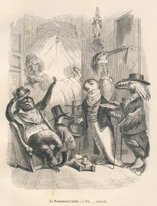 Der faule Gähner, der wartet. Illustrierte Vignetten von JJ Granville. Gravur signiert Godard im Teil "Die tierischen Ärzte" geschrieben von Pierre Bernard in "Szenen aus dem privaten und öffentlichen Leben der Tiere". Paris, J. Hetzel et Paulin
