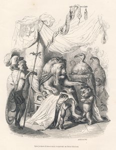 Die jungen Löwen erhalten den Segen des Löwenkönigs. Vignetten illustriert von JJ Granville. Gravur signiert von Breviere im Teil "Reise eines Löwen aus Afrika nach Paris" geschrieben von Honoré de Balzac in "Szenen aus dem privaten und öffentlichen Leben 