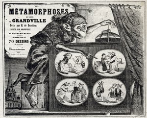 Literatur. Die tägliche Metamorphose, vom Karikaturisten Jean Jacques Grandville. Plakat, Frankreich