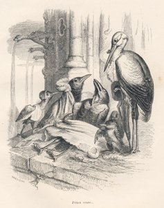 Tod eines Raben neben seiner Familie und einem Storch. Vignetten illustriert von JJ Granville. Gravur signiert Breviere im Teil "Erinnerungen einer alten Krähe" geschrieben von PJ Stahl in "Szenen aus dem privaten und öffentlichen Leben der Tiere". Paris,  von Grandville