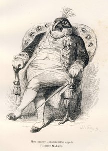 Pfau sitzt auf seinem Sessel. Vignetten illustriert von JJ Granville. Gravur signiert Porret im Teil "Esel-Führer für Tiere, die zu Ehren gelangen wollen" geschrieben von Honoré De Balzac in "Szenen aus dem privaten und öffentlichen Leben der Tiere"