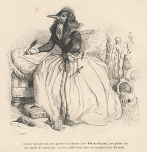 Elster schreibt mit einer Feder und hält eine Zigarette in der anderen Hand. Illustrierte Vignetten von JJ Granville. Gravur signiert Andrew, Best und Leloir im Teil "Geschichte eines Hasen" geschrieben von PJ Stahl in "Szenen aus dem privaten und öffentli