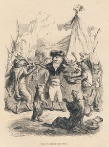 Revolution der Wölfe und Freiheit und Recht des Wolfes. Vignetten illustriert von JJ Granville. Gravur signiert Godard im Teil "Reise eines Spatzen aus Paris" geschrieben von George Sand in "Szenen aus dem privaten und öffentlichen Leben der Tiere". Paris,