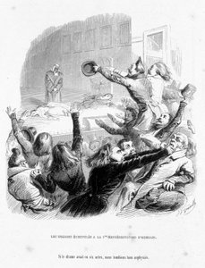 Die Römer haben die erste Aufführung von Hernani von Victor Hugo (1830). Karikatur In „Jérôme Paturot auf der Suche nach einer sozialen Position“ geschrieben von Louis Reybaud