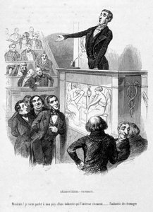 Die Figur des Jérôme Paturot hält sich für Demosthenes, einen athenischen Redner und Politiker, dessen Reden an der Spitze der griechischen Eloquenz stehen. Karikatur in „Jérôme Paturot auf der Suche nach einer sozialen Position“ von Louis Reybaud von Grandville