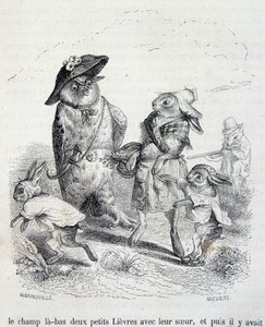 Die zwei kleinen Hasen, ihre Schwester und die Eule - von Grandville