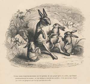Drei Hasenkinder hören ihrem verletzten Großvater zu, der Geschichten erzählt. Vignetten illustriert von JJ Granville. Gravur signiert von Breviere im Teil "Geschichte eines Hasen" geschrieben von PJ Stahl in "Szenen aus dem privaten und öffentlichen Leben von Grandville
