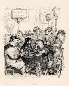 Ein Café, das von Tieren aller Art besucht wird. Vignetten illustriert von JJ Granville. Gravur signiert Godard im Teil "Reise eines Löwen aus Afrika nach Paris" geschrieben von Honoré de Balzac in "Szenen aus dem privaten und öffentlichen Leben der Tiere"