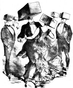 Unsignierte Illustration für die Partitur eines Werkes von Emile Fischer mit dem Titel „Polka des hamteaux“, Ende des 19. - Anfang des 20. Jahrhunderts - diese anonyme Komposition erinnert sowohl an die Erfindungen des Vorläufers Grandville als auch an die