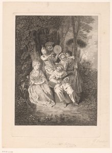 Parklandschaft mit Theaterfiguren, die einer Dame eine Serenade bringen von Gérard Jean Baptiste Scotin (II)