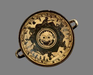 Attische schwarzfigurige Schale, dekoriert mit einem Gorgonen-Kopf-Tondo, umgeben von sechs liegenden Männern, die an einem Symposium teilnehmen, im Stil des Andokides-Malers, ca. 500 v. Chr. (Keramik)