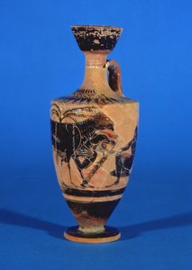 Attische schwarzfigurige Lekythos, die Odysseus zeigt, wie er dem Zyklopen entkommt, ca. 530 v. Chr.