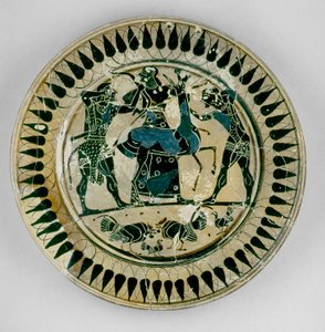 Attische schwarzfigurige Platte mit einer Szene von Herakles und Apollo, die um ein Reh kämpfen und von Artemis getrennt werden, im Stil von Lydos, aus Griechenland, ca. 560 v. Chr.
