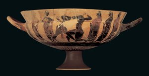 Attische schwarzfigurige Siana-Schale, die Theseus und den Minotaurus darstellt, 560-550 v. Chr.