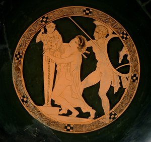 Attische rotfigurige Schale, die Kassandra zeigt, die von Ajax verfolgt wird und Zuflucht bei einem Xoanon von Athena sucht, ca. 430 v. Chr. von Greek