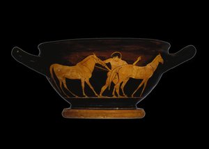 Attisch rotfiguriger Skyphos, Herakles und die Pferde des Diomedes darstellend von Greek