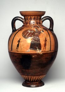 Schwarzfigurige Vase, die Athena zeigt, wie sie einen Schild und einen Speer schwingt, 550 v. Chr. (Keramik) von Greek