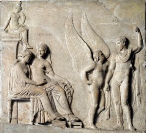Griechische Kunst: „Der Prinz von Sparta Paris verführt Helena von Troja, Aphrodite ist dargestellt“ (Marmorrelief, 1. Jahrhundert v. Chr.)
