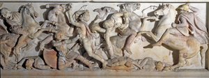 Griechische Kunst: Sarkophag Alexanders des Großen. Darstellung der Schlacht von Issos 333 v. Chr.