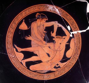 Minotaurus von Theseus getötet - Griechische Vase im Museo Archeologico de Firenze. Innenansicht der Pentic-Schale mit roten Figuren, Maler von Dokimasia. 480 v. Chr. (Minotauro) von Greek