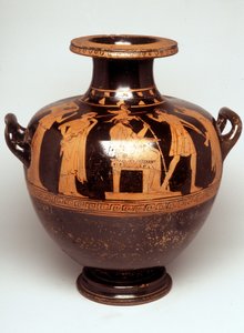 Malerei auf Vase: Darstellung von Jupiter (Zeus) in der Mitte. Über ihrem Kopf erscheint Athena, vollständig bewaffnet (Geburt der Athena). Gegenüber von Zeus steht Hephaistos. 470 v. Chr. BNF, Münzkabinett.