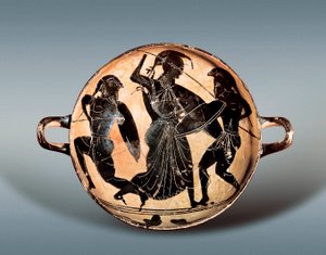 Trojanischer Krieg: Göttin Athena kämpft zwischen Hector und Achilles. 6. Jahrhundert v. Chr. Kylix (Trinkschale) mit schwarzen Figuren in Keramik, Archäologisches Museum von Katalonien, Barcelona.