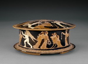 Attische rotfigurige Pyxis, dekoriert mit Frauen und Eroten oder Cupidos, nahe dem Meidias-Maler, Ende des 5. Jahrhunderts v. Chr. (Keramik)