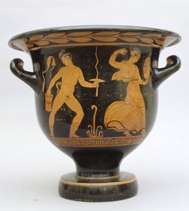 Glockenförmiger proto-apulischer Krater mit Satyr und Mänade aus Matera, Italien