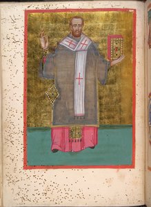 Egerton 2392, f.5v, Miniatur eines stehenden Johannes Chrysostomus, der ein Buch hält, aus 