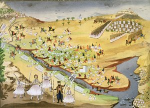 Erste Schlacht zwischen Griechen und Türken an der Alamana-Brücke im Jahr 1821, aus der Bildgeschichte des griechischen Unabhängigkeitskrieges