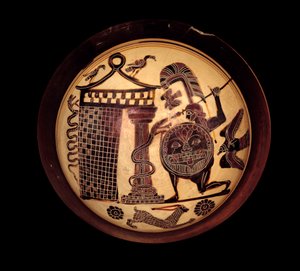Griechische Kunst: Lakonische Schale mit schwarzen Figuren, die Cadmos im Kampf gegen den Drachen von Theben oder Apollo und die Schlange Python darstellen