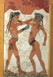 Griechische Zivilisation, Fresko, das junge Boxer darstellt, aus Akrotiri, Thera-Insel, Santorini, Griechenland