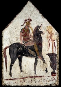 Bemalte Platte, der sogenannte schwarze Reiter, aus Paestum, Andriuolo, Grab 58