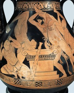 Attische Pelike, die Herakles zeigt, wie er König Busiris und ägyptische Priester tötet, von Pan Painter von Greek School
