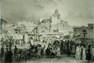Der Basar auf dem Maidan-Platz, Tiflis, Georgien, Tafel 25 aus einem Buch über den Kaukasus, graviert von Adolphe Jean-Baptiste Bayot (1810-66) und Eugene Ciceri (1813-90), veröffentlicht von Alfred Leon Lemercier, Paris