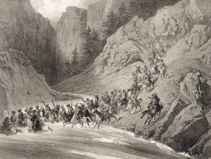 Tcherkersseians auf einem Überfall in der Nähe des Schwarzen Meeres, Tafel 4, aus einem Buch über den Kaukasus, graviert von Eugene Ciceri und Adolphe Jean-Baptiste Bayot, veröffentlicht von Alfred Leon Lemercier